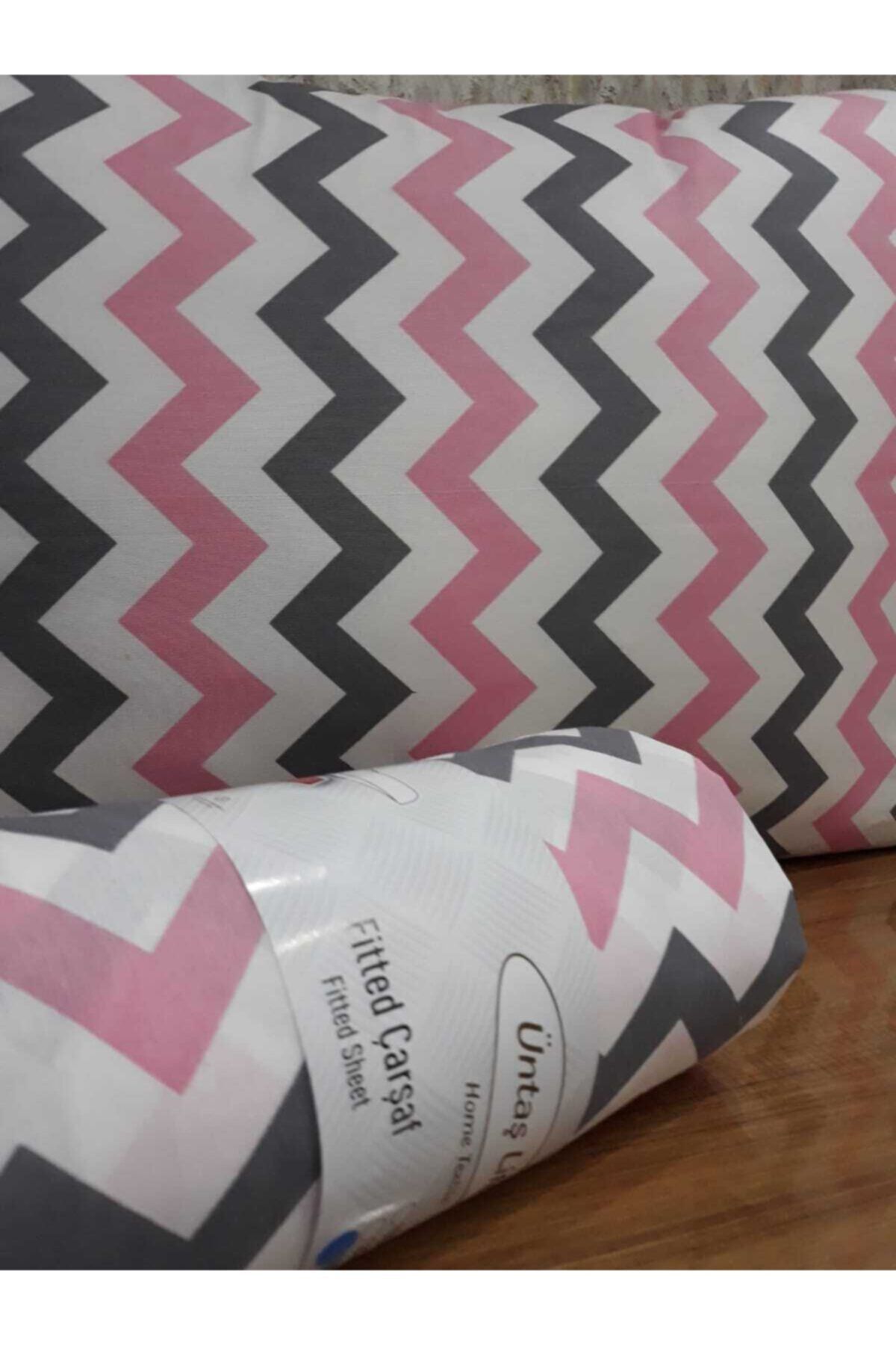 üntaş-Life Single Elastic Sheet + 1 Pillow Case 100x200 Pink Gray Zigzag Ecpembezigzag08 3