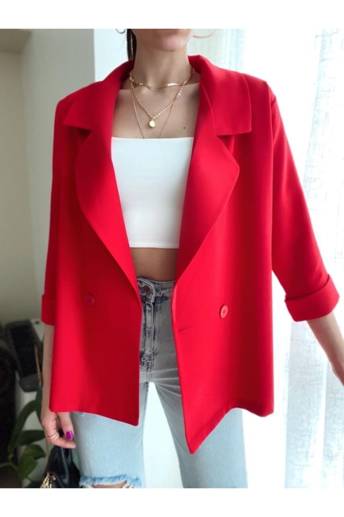 Helia İstanbul Kadın Kırmızı Oversize Düğmeli Baharlık Blazer Ceket