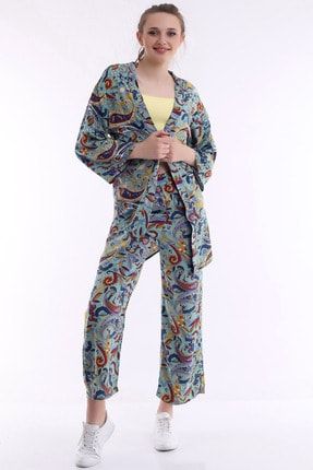 Etnik Mavi Tropikal Desenli Kimono Takımı DNZ6974KMNOTKIM