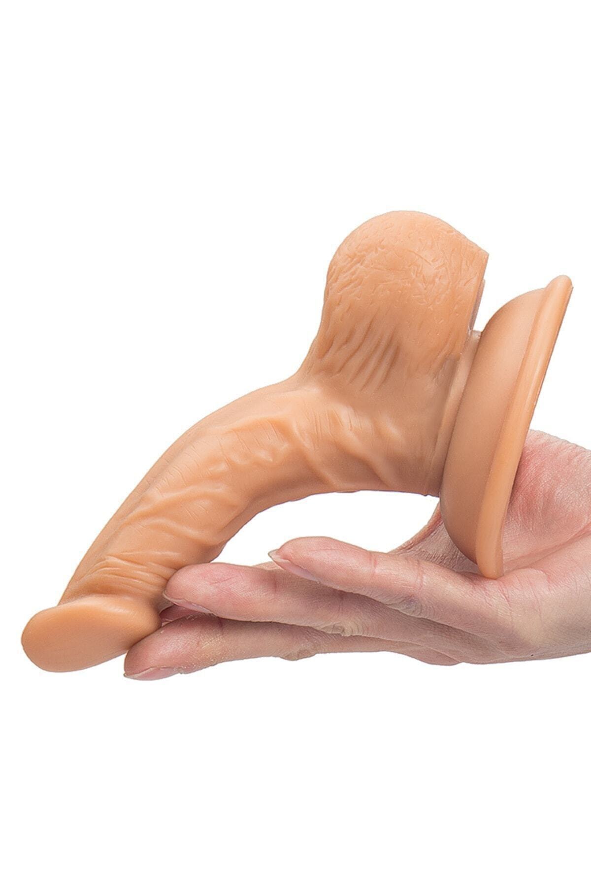 Ufak Eğimli Vantuzlu Testisli 10cm Dildo Penis Vibratör 4