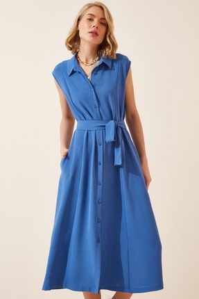 Kadın Mavi Kuşaklı Keten Viskon Yazlık Gömlek Elbise DD00927