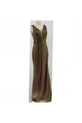 Kadın Gold Kalın Askılı Balık Abiye Elbise KN16260