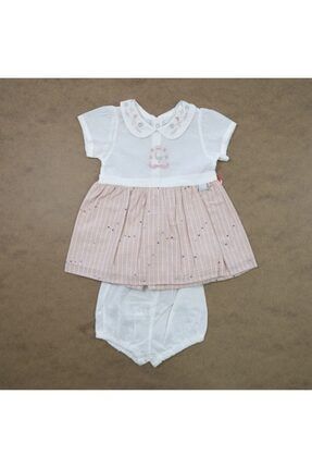 Kız Bebek Pembe Yakası Işlemeli Keten Elbise BLF-BB-H059