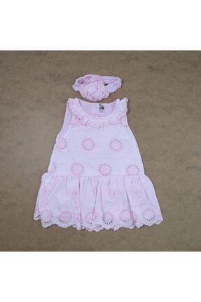 Kız Bebek Pembe Müslin Kumaş Yakası Fırfırlı Nakışlı Bandanalı Elbise BLF-BB-H066