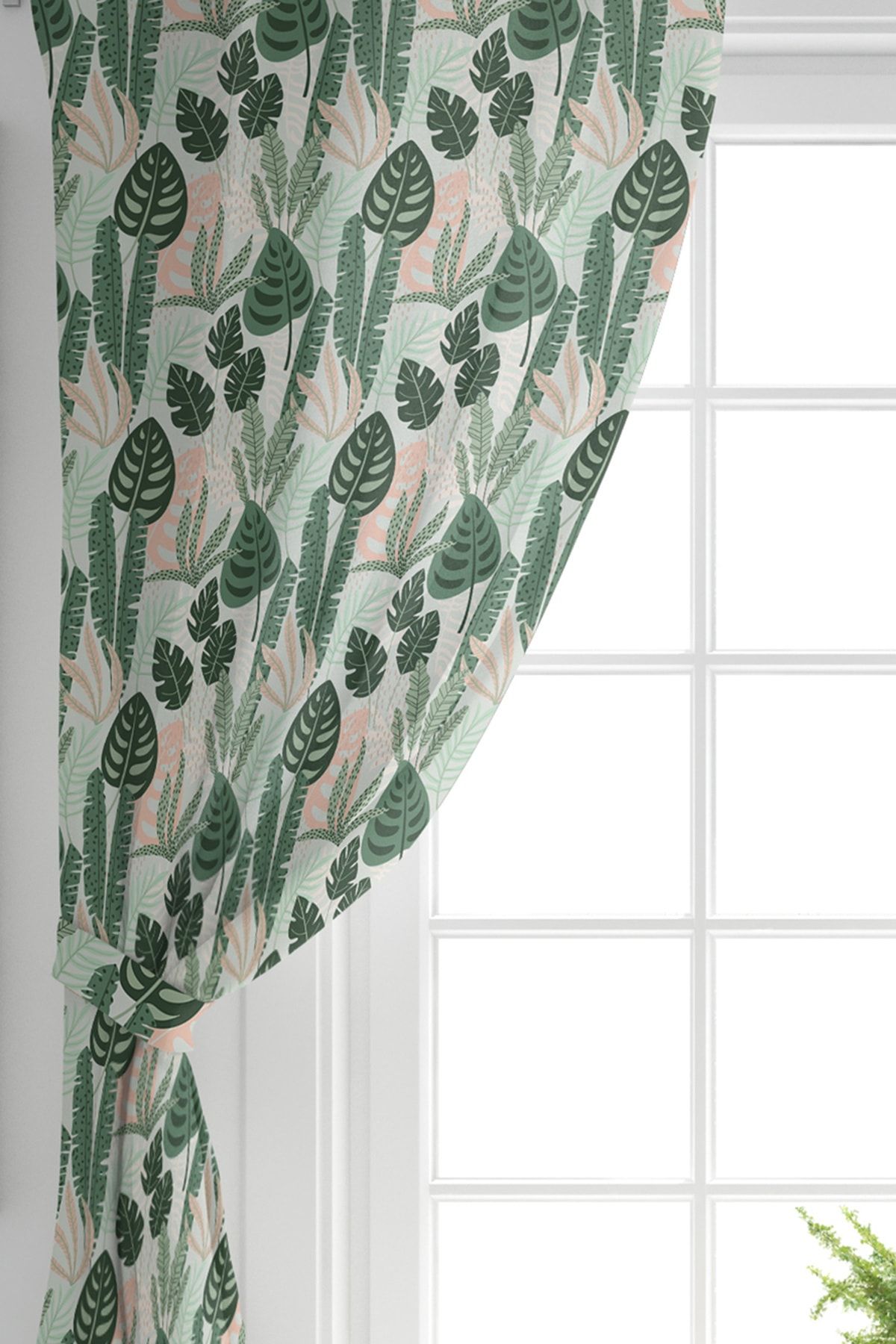 Realhomes-Digital Printed Background Curtain with Dark Colored Leaf Pattern on Single Wing Soft Coloured Backdrop 2