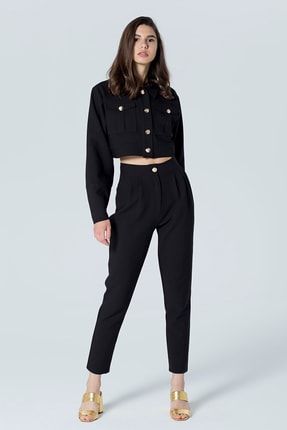 Kadın Siyah Pileli Klasik Kesim Pantolon LGOZ124RLX