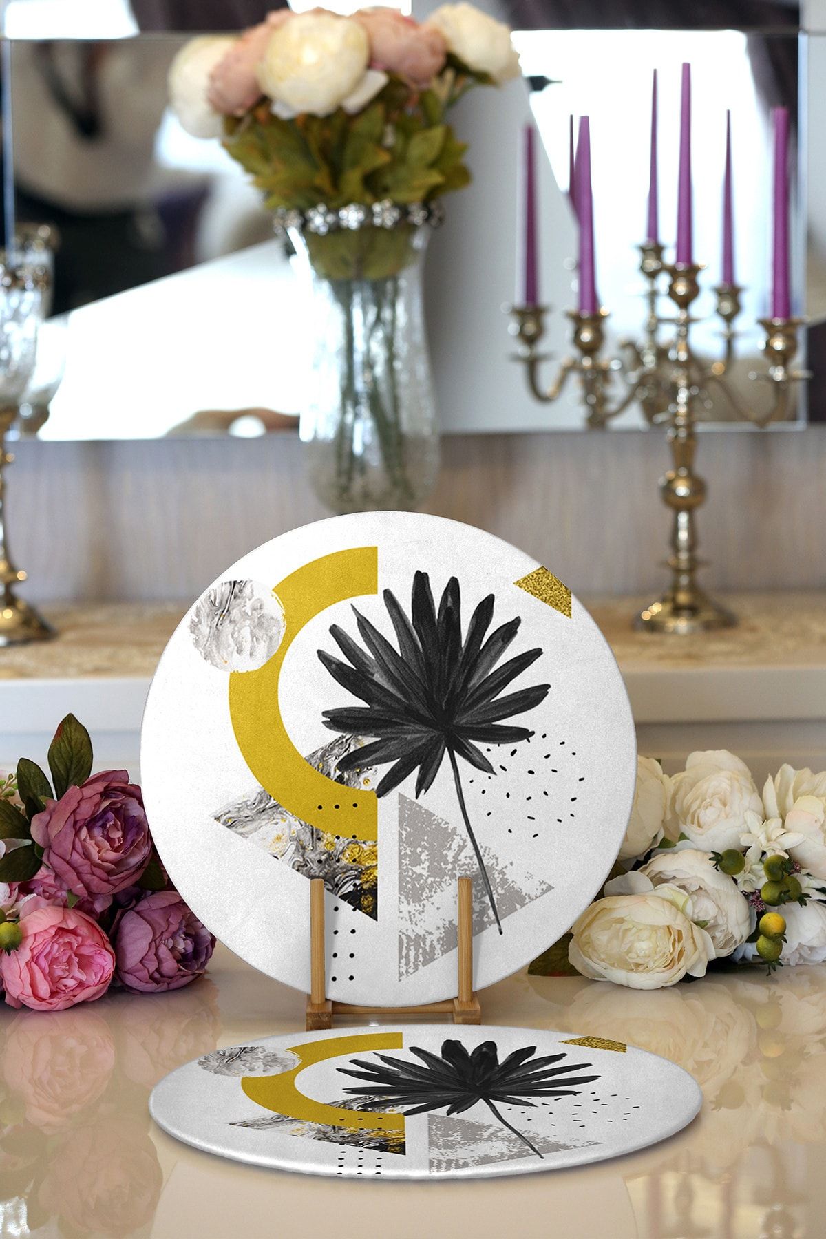 Realhomes Cuib Modern Din Podea Geometrică Din Marmură Din 2 Bucăți Cu Semințe Vărsate Și Motiv Floral Supla Și Placemat - One Size