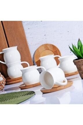 Beyaz Kahve Fincan Takımı - Bambu Tabaklı Porselen - 6 Adet - Beyaz Bambu Fincan Takımı (MH000105) Türk Kahvesi Fincan Seti 6 lı Takım