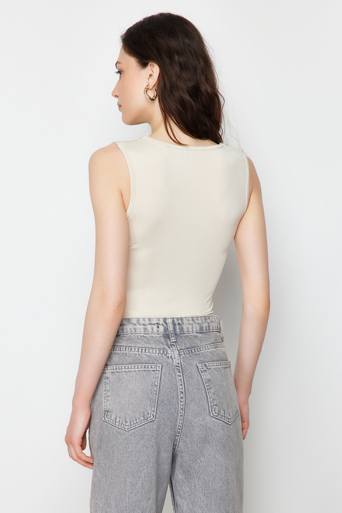 Trendyol Collection-Light Stone Fitted/Fitted Square Collar Flexible Knitted Body with Snap Fasteners TWOSS24BD00027 6