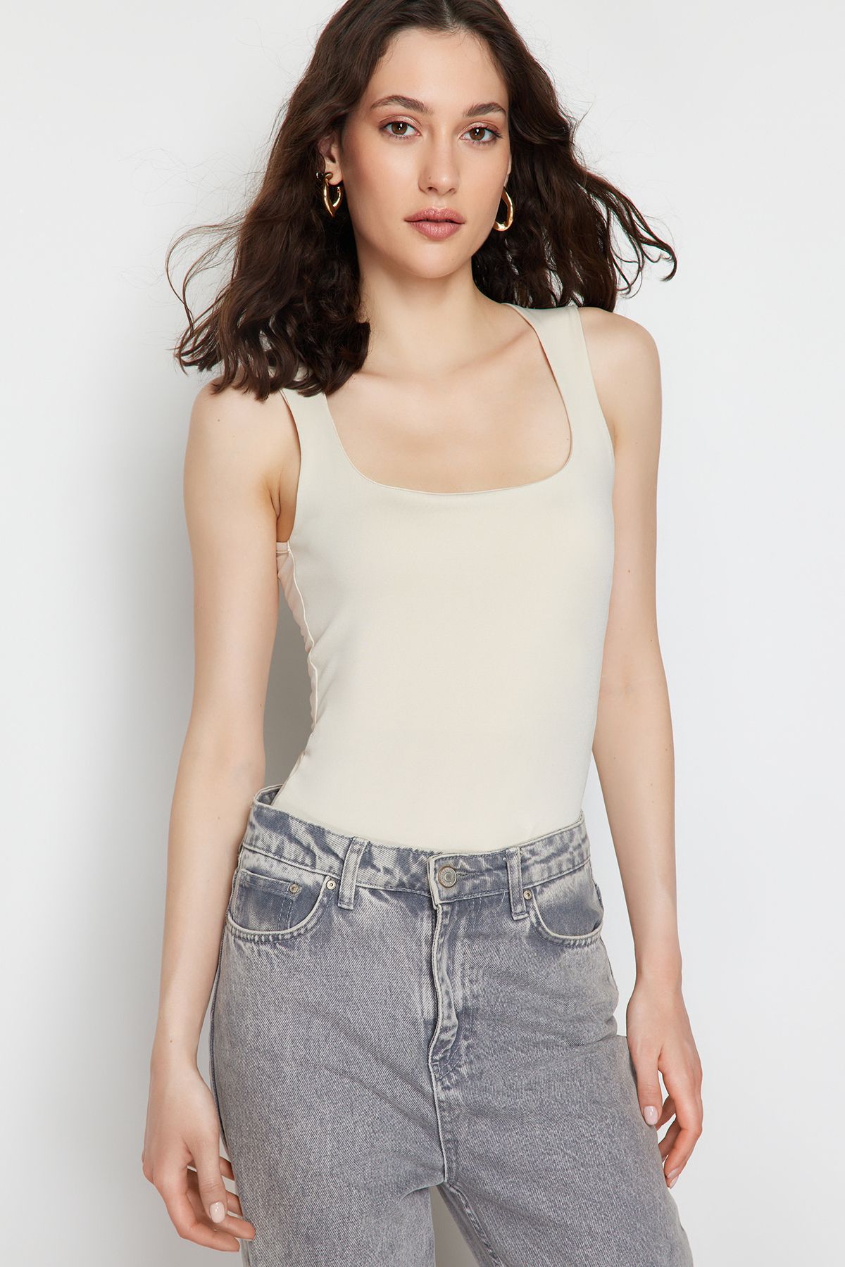 Trendyol Collection-Light Stone Fitted/Fitted Square Collar Flexible Knitted Body with Snap Fasteners TWOSS24BD00027 3