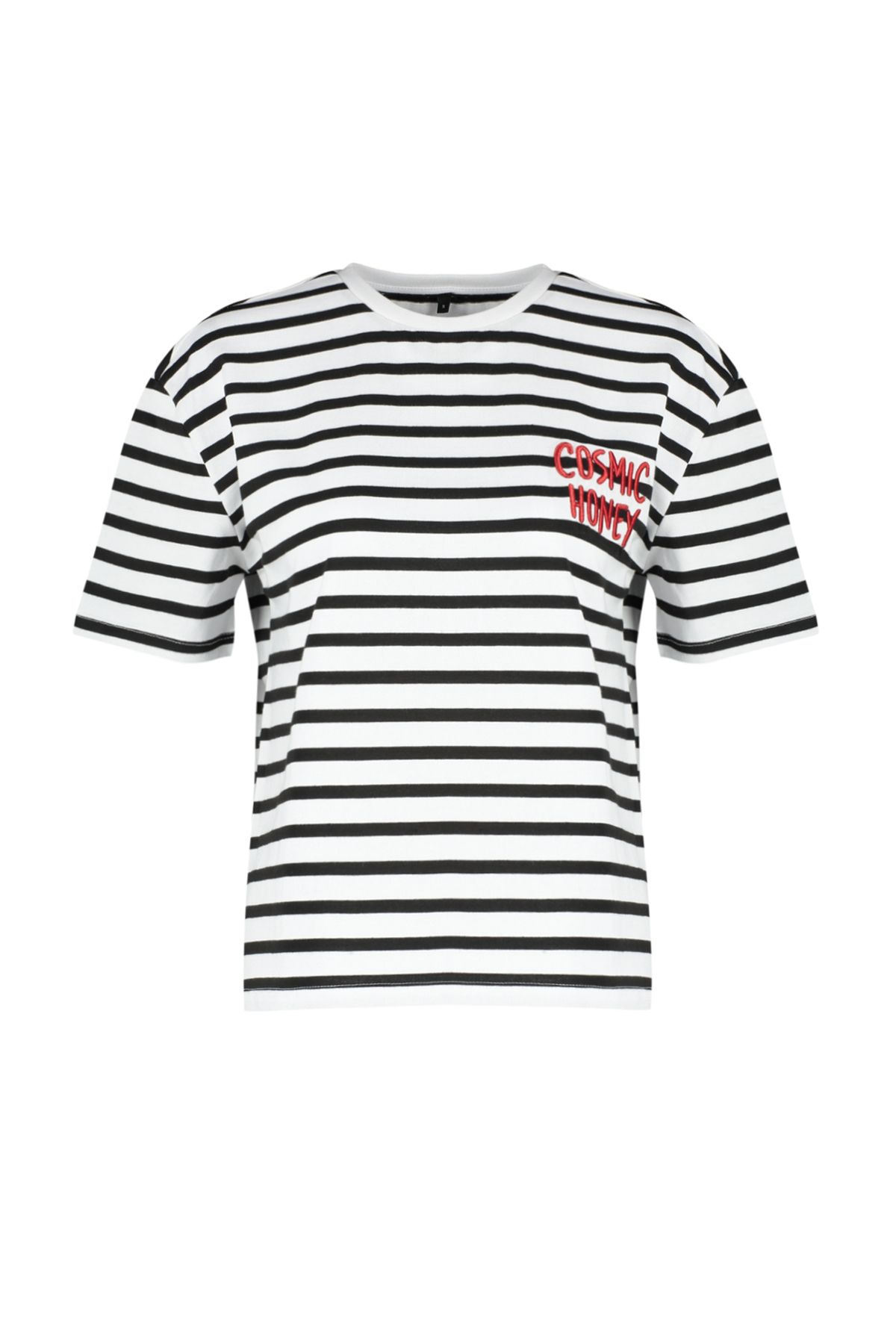 Trendyol Collection-Red Striped Slogan Embroidery Detailed Relaxed/Comfortable Cut Knitted T-Shirt TWOSS24TS00053 7
