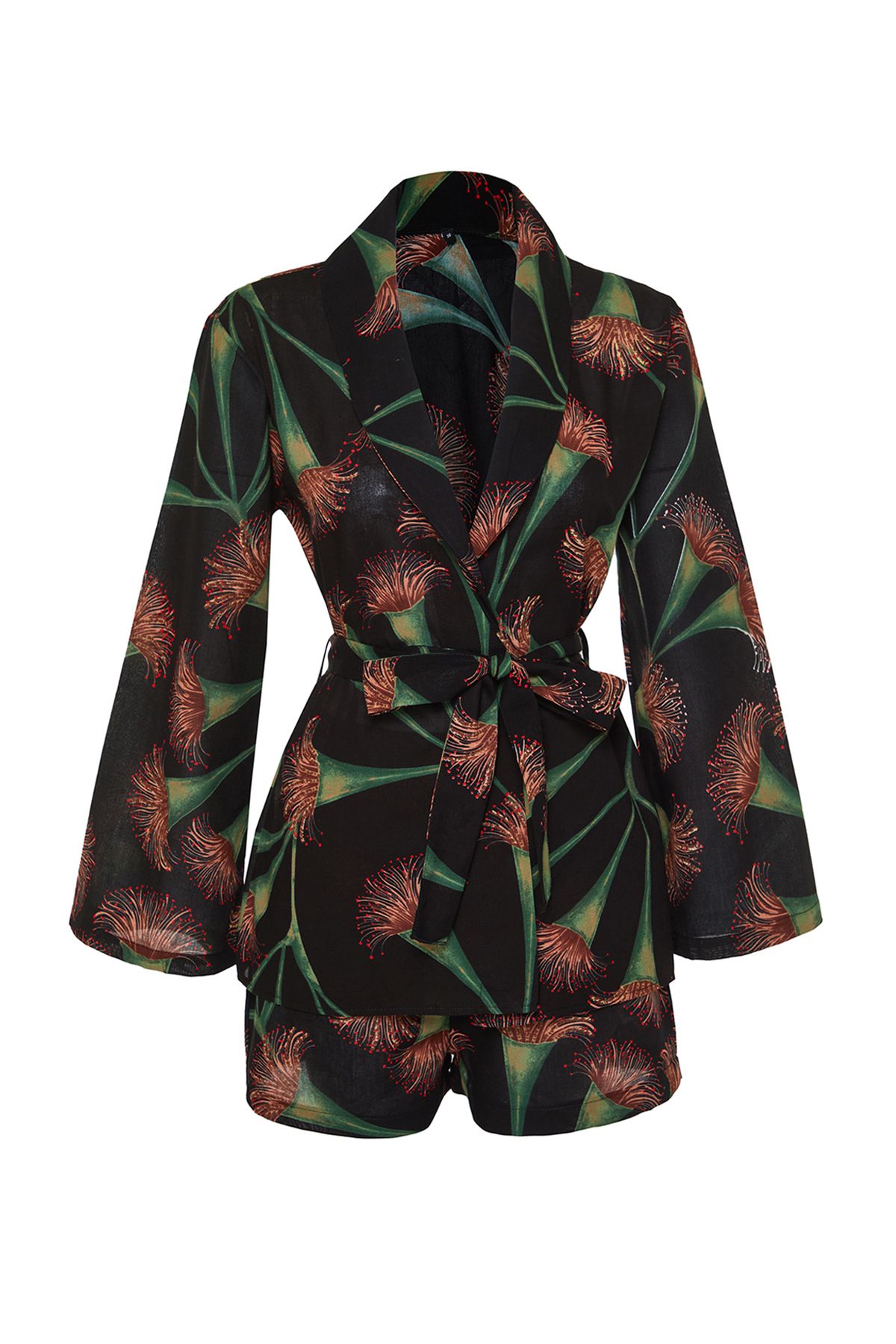 Trendyol Collection-Floral Print Belted Woven 100% Cotton Kimono Shorts Beach Suit Tbess24Au00012 6