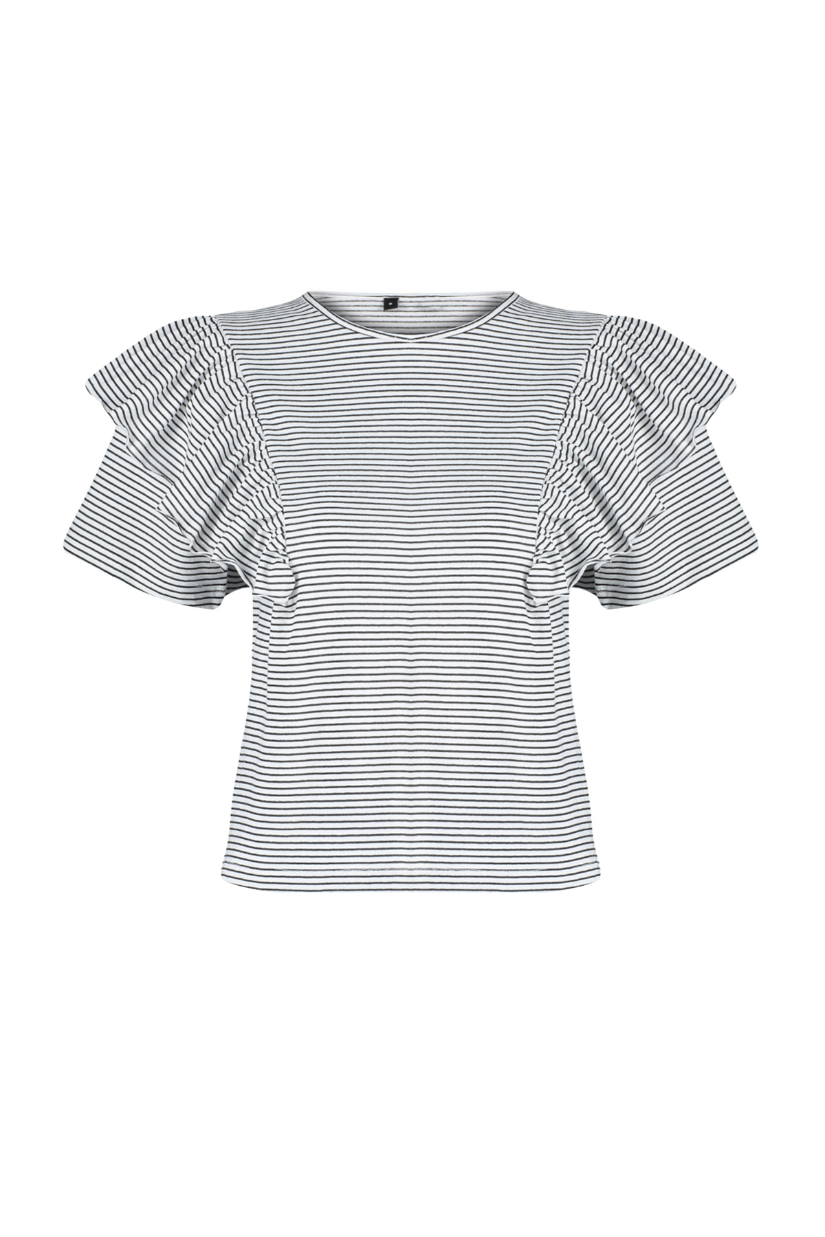 Trendyolmilla  Siyah Kalın Pamuklu Kolları Fırfırlı Regular Çizgili Bisiklet Yaka Örme T-Shirt TWOSS24TS00061 - Görsel 7