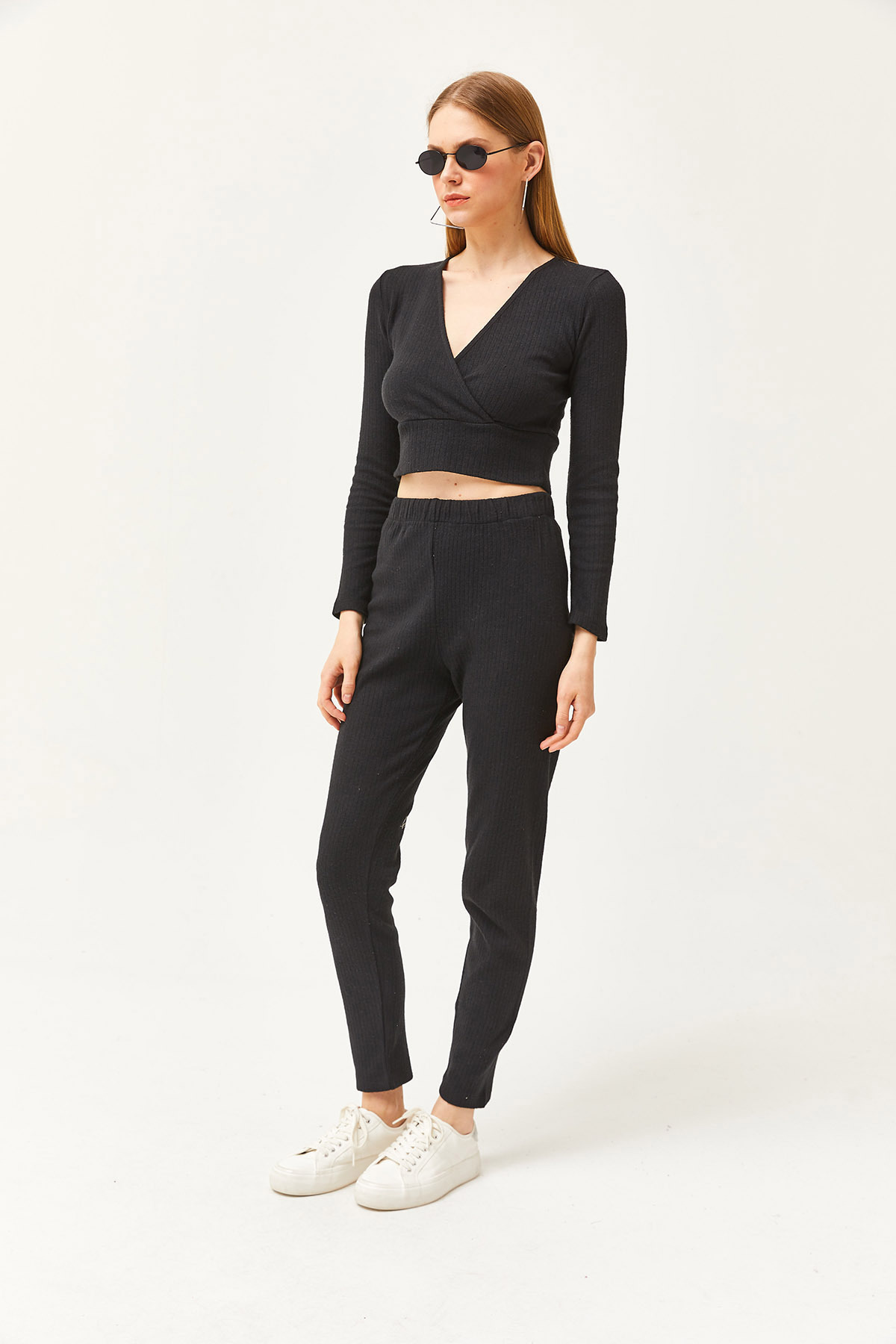 Olalook-Women's Black Bottom Tights Top Double Breasted Blouse Hooded Suit TKM-19000261 4