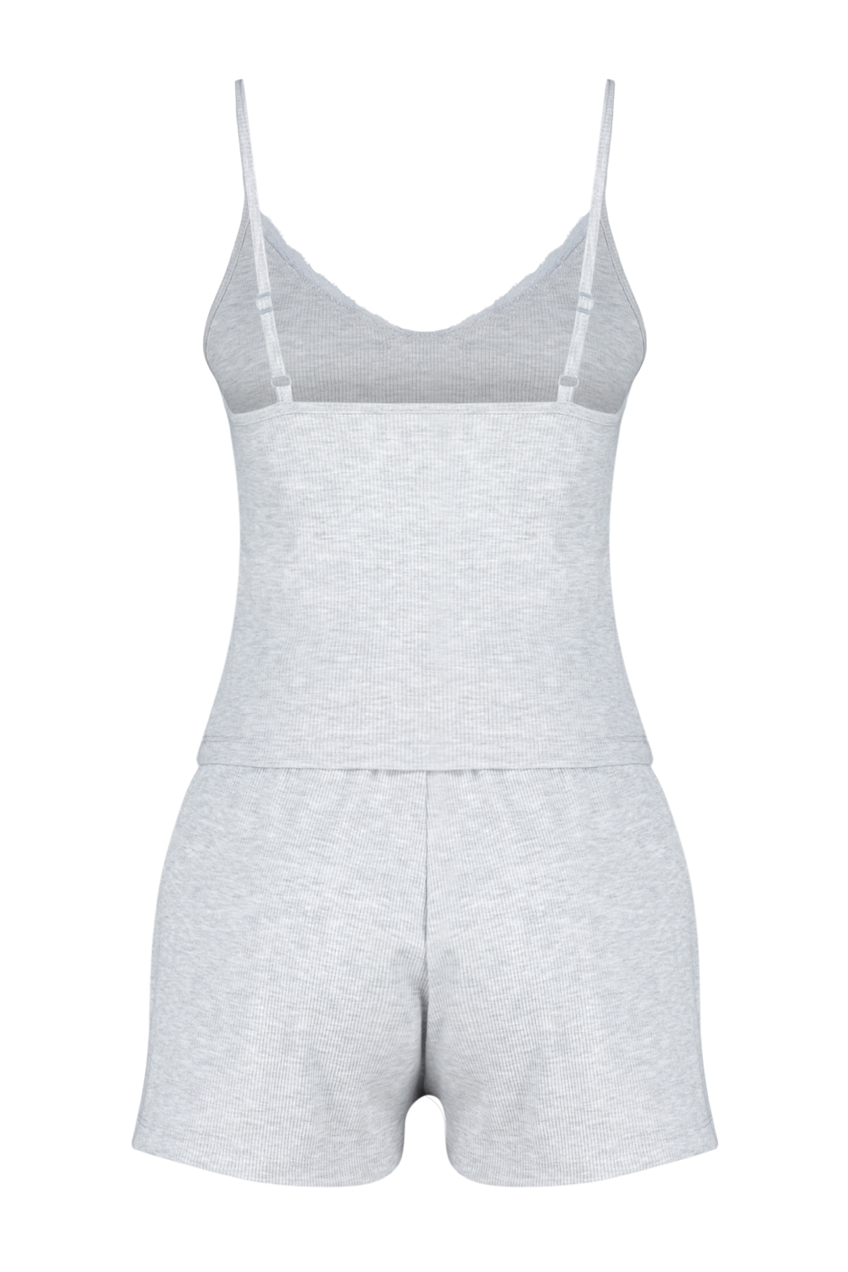 Trendyolmilla  Gri Melanj Dantelli İp Askılı Fitilli Şortlu Örme Pijama Takımı THMSS24PT00080 - Görsel 8