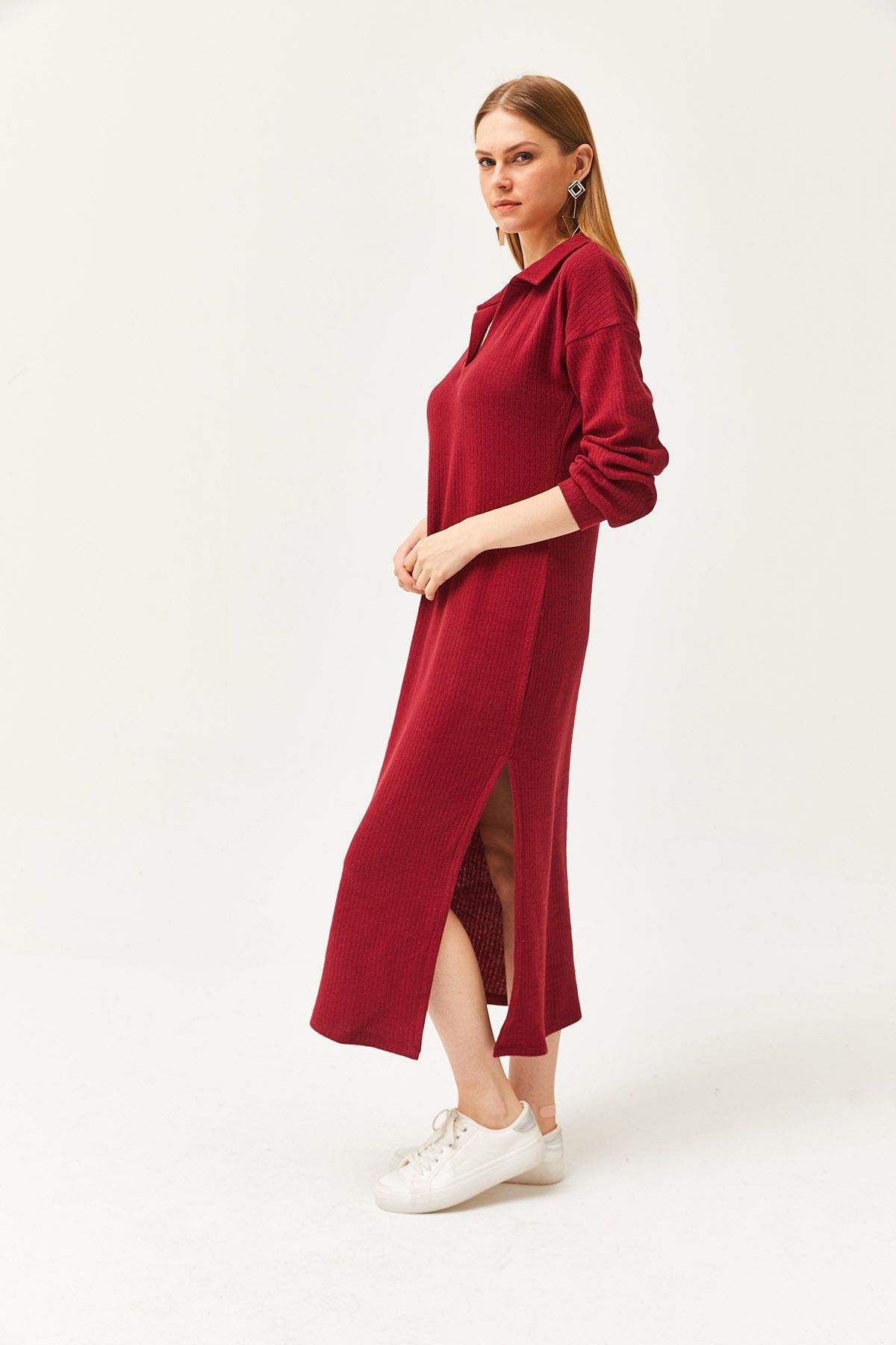 Kadın Bordo Polo Yaka Yırtmaçlı Şardonlu Midi Elbise ELB-19002050