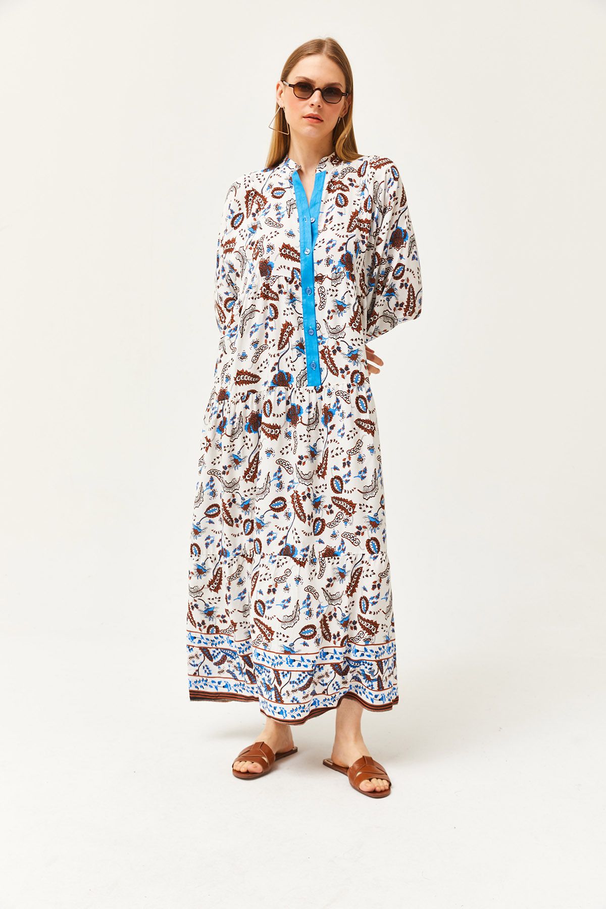 Olalook-Rochie maxi largi cu nasturi, cu guler ecru, cu șal pentru femei ELB-19002057 5