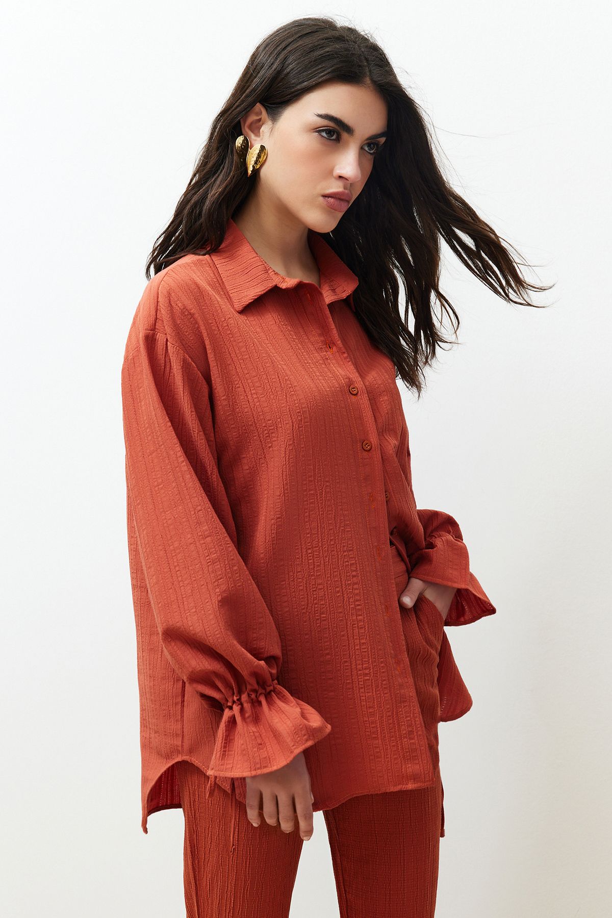 Trendyol Collection-Strukturiertes Webhemd mit Spitzendetails und Fliesenärmeln TWOSS24GO00087 7