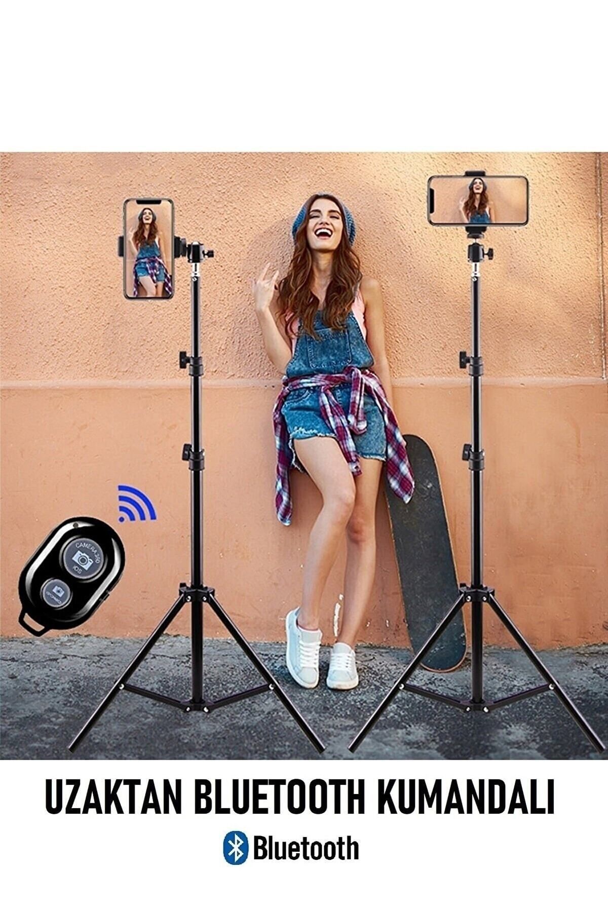 PİNK İTHALAT Bluetooth Kumandalı Tripod 2.1 Metre Metal Stüdyo Lamba Ayağı 360 Döner Başlıklı Telefon Tutucu