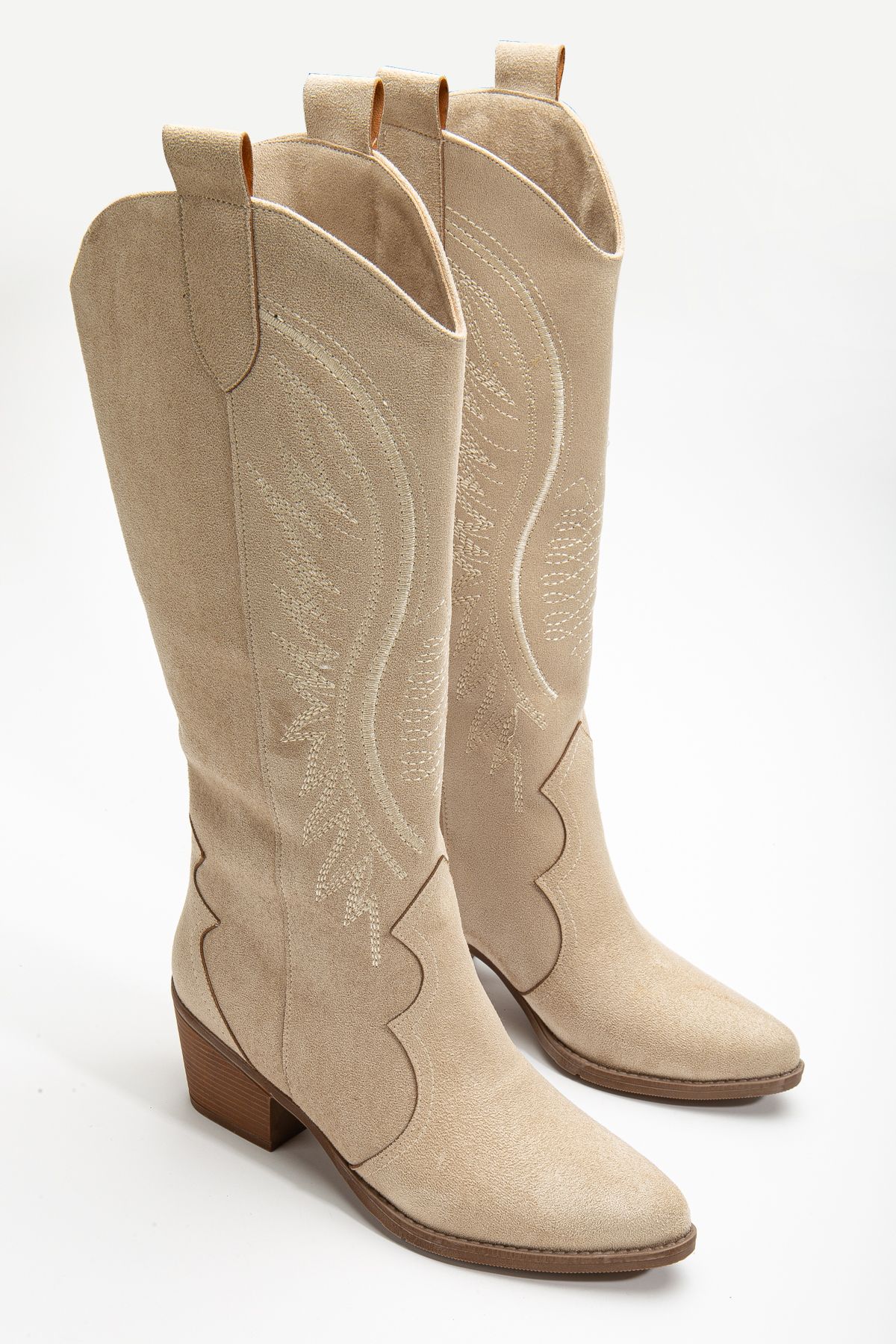 DENORA-Cizme Western Cowboy Cowgirl Brodate din piele intoarsa mata de nurca bej crem 4