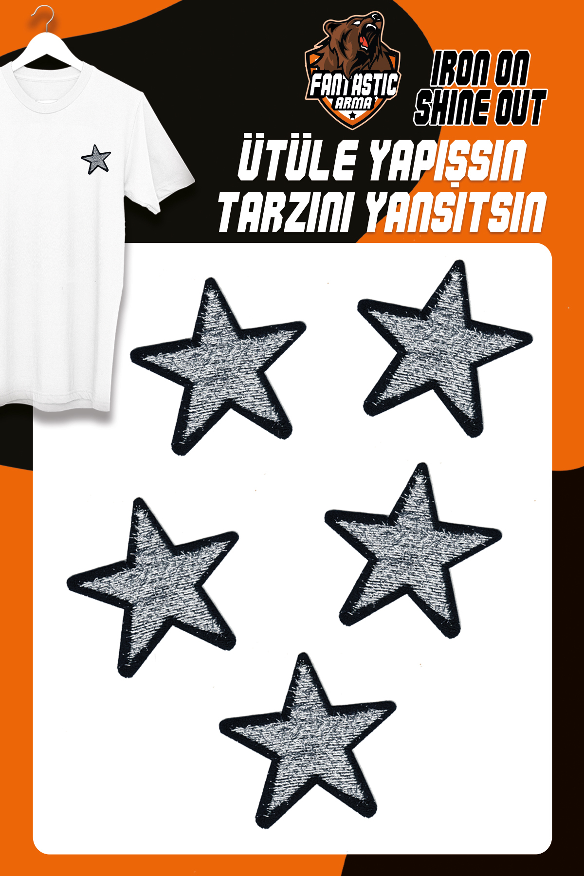 FANTASTIC ARMA Ütü Ile Yapışan Dokuma Arma Seti Patch Yama Gümüş Simli Saçaklı Yıldız Modeli (5 ADET)