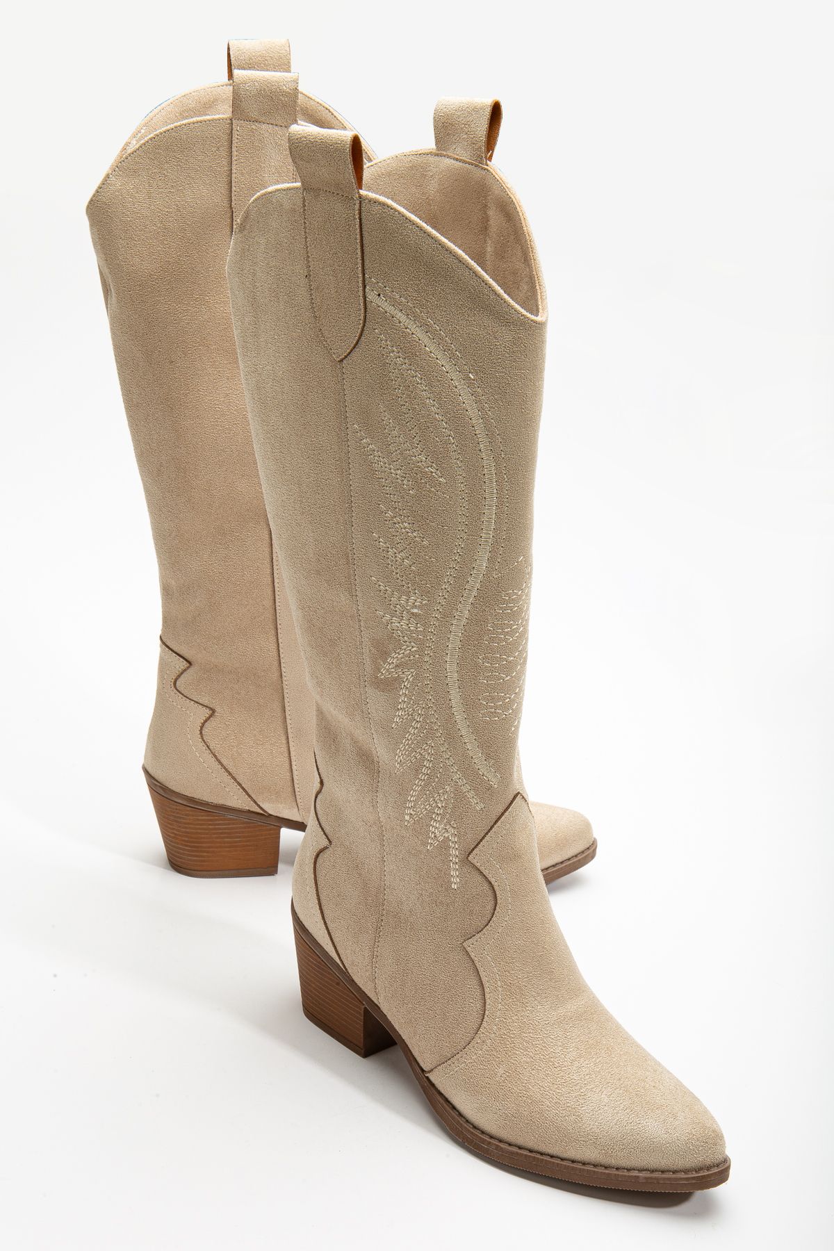 DENORA-Cizme Western Cowboy Cowgirl Brodate din piele intoarsa mata de nurca bej crem 5