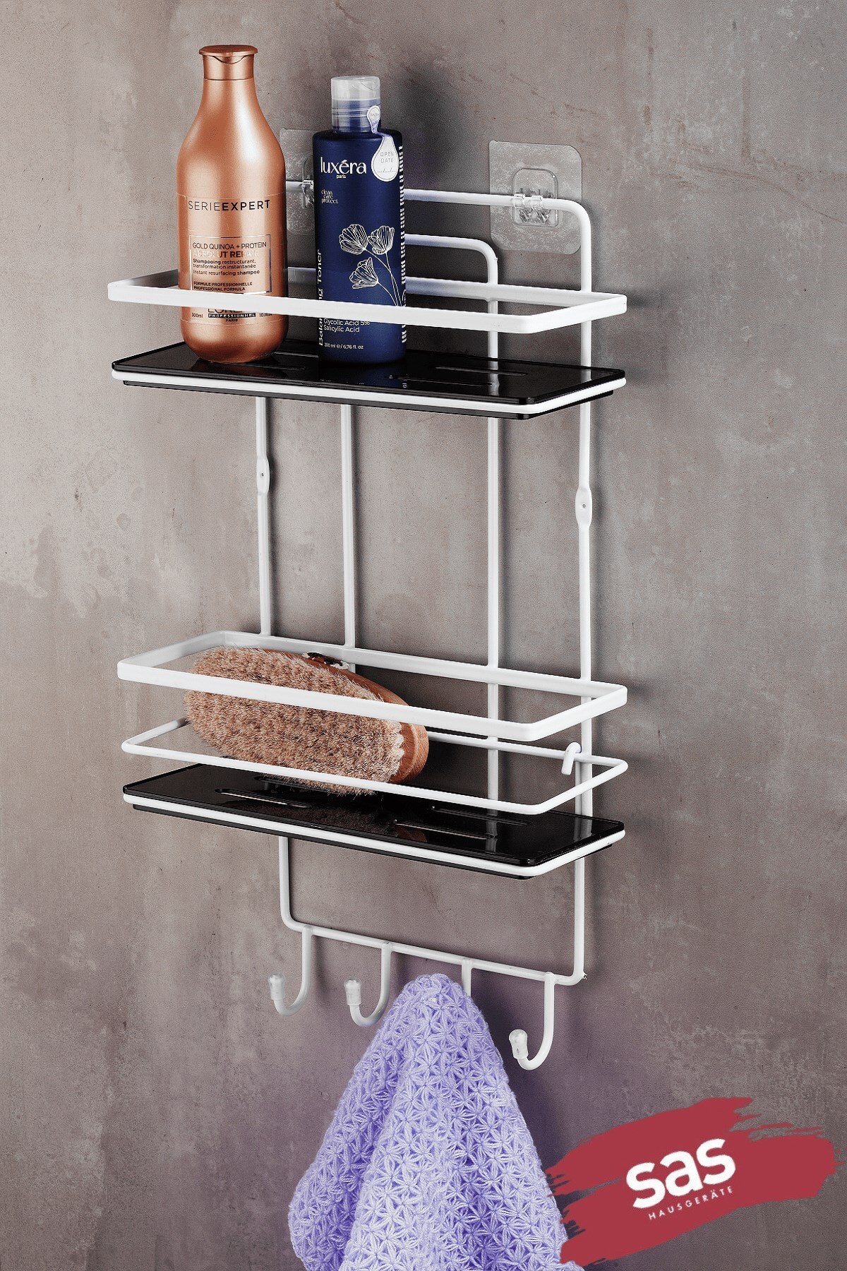 Adhesive Bathroom Shower Shelf with 2-Tier Hook – Adjustable Crystal Shelf (Paste/Screw) White-Black
