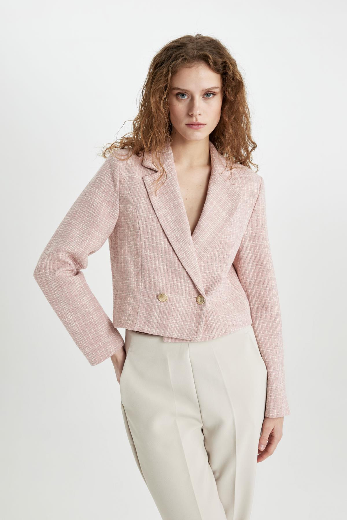 Düğmeli Tweed Yaka Kısa Mont