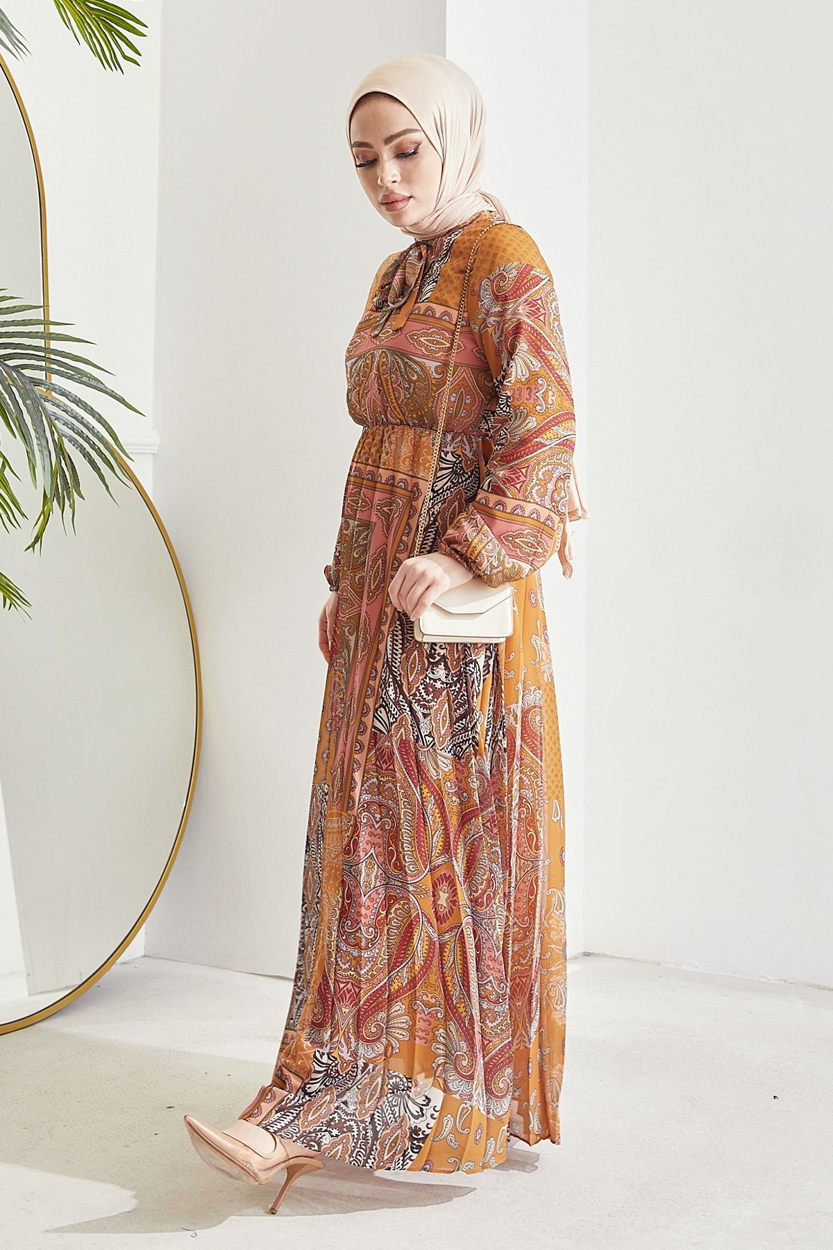 InStyle-Rochie Hijab din șifon plisat cu model șal Elinor - muștar 5