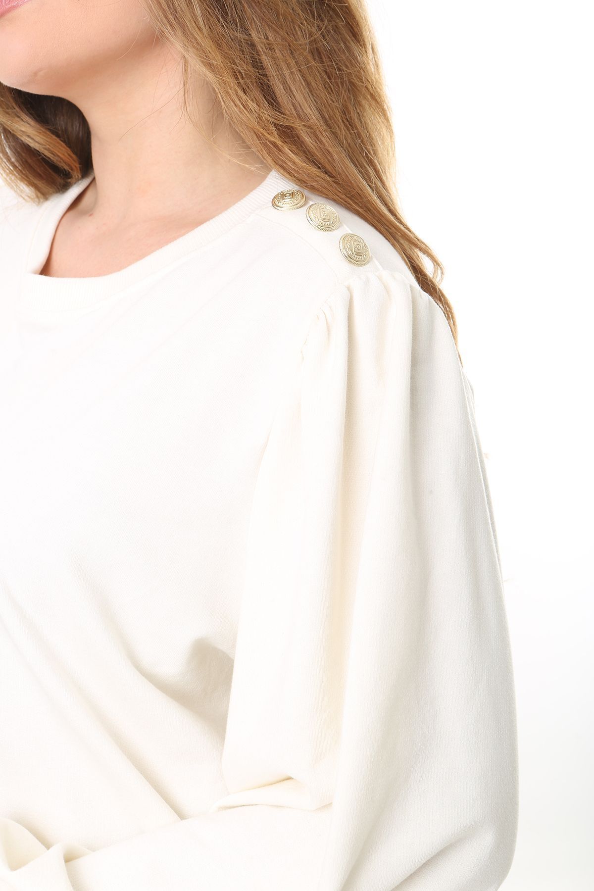 Şans-Women's Large Size Bone Shoulder Gathered Embroidery and Ornamental Button Detailed Sweatshirt 65N37526 6