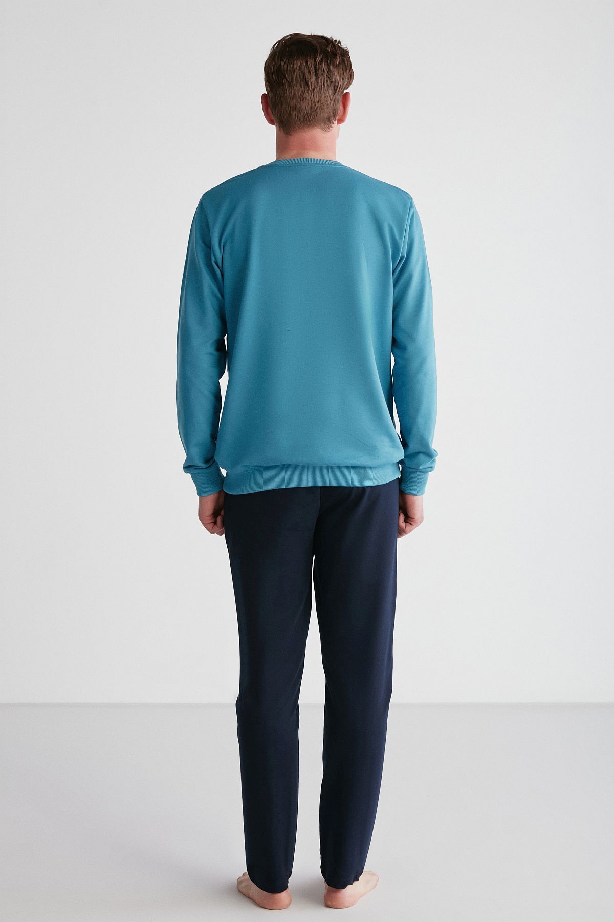 ست پیژامه آبی مردانه پایه. پولو اسن. لباس خواب آستین بلند یقه گرد بنزینی 18757 U.S. Polo Assn.