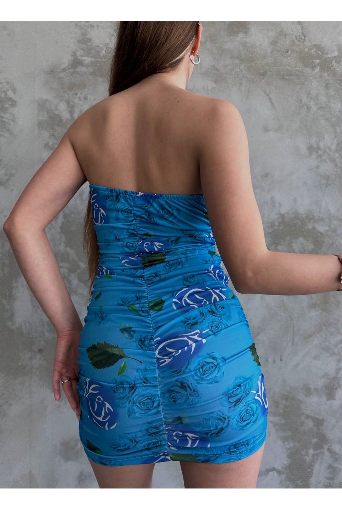 vuvutasarım-Rochie Dilber, țesătură elastică albastră, cu model de flori, rochie mini cu guler fără bretele 12135 4