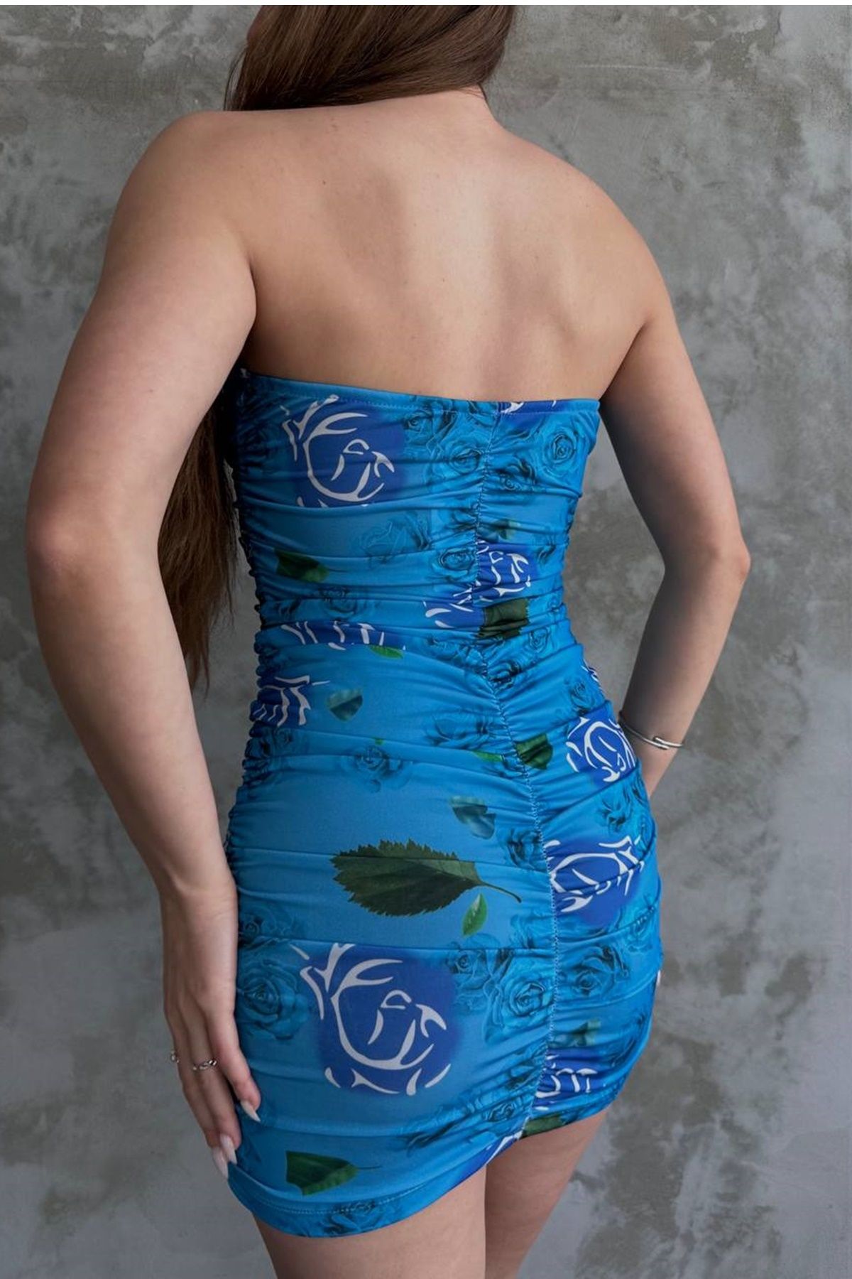 vuvutasarım-Rochie Dilber, țesătură elastică albastră, cu model de flori, rochie mini cu guler fără bretele 12135 5