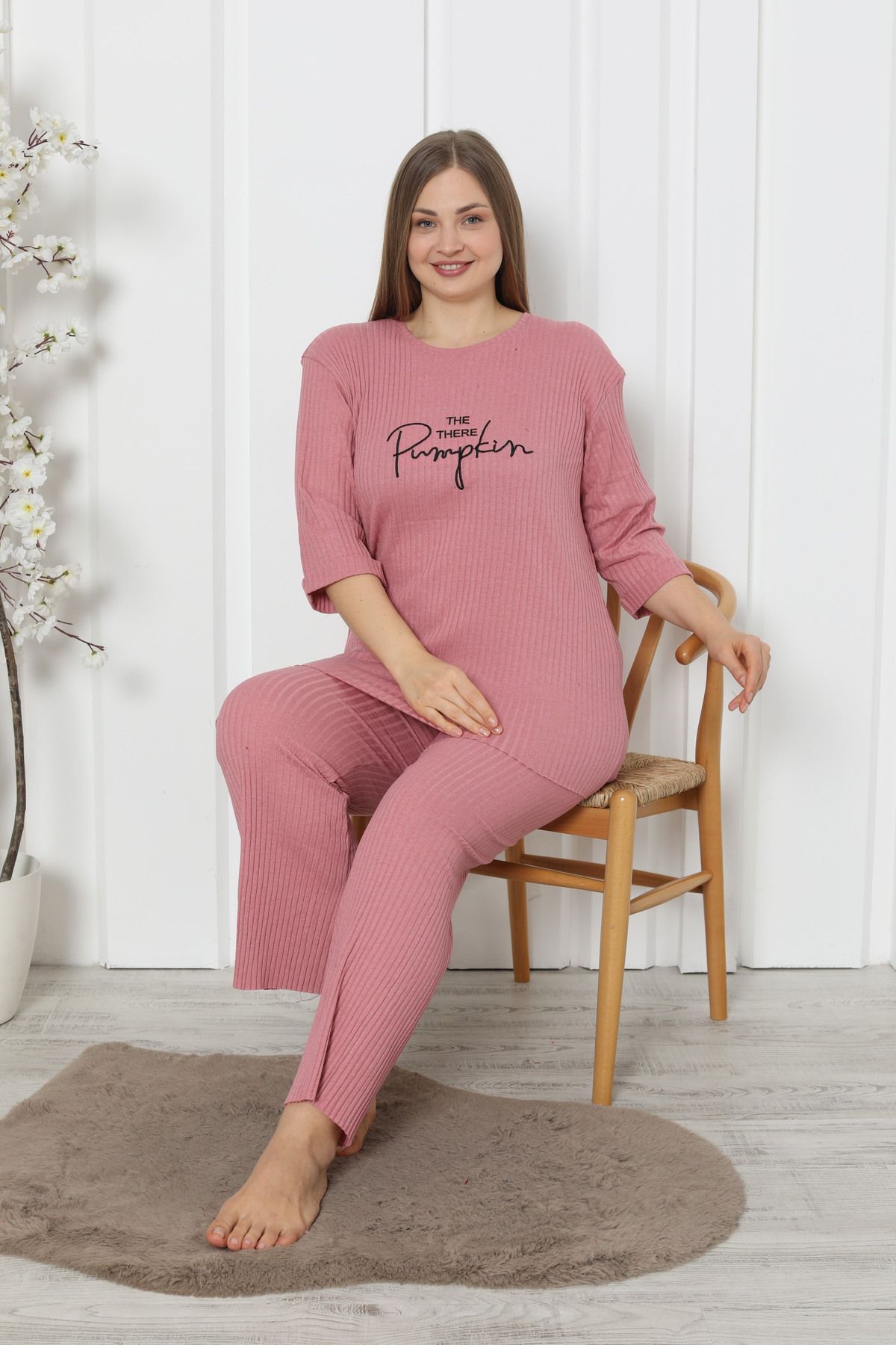 FAMES P JAMA Plus Size Women s Pajama Set Pumpkin Pink Trendyol