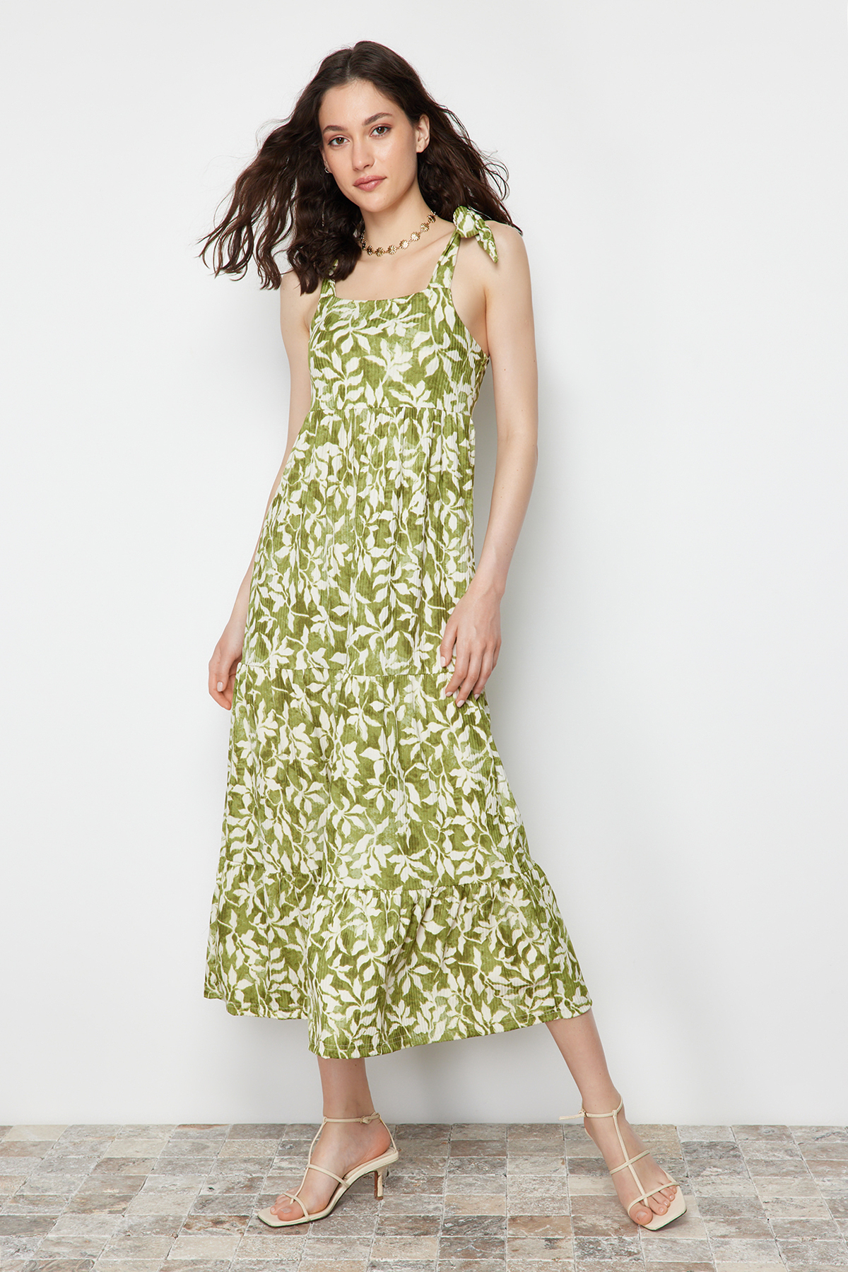 Trendyol Collection Green Tie-Detail Strappy Ruffled Ribbed Maxi Knit Maxi Dress TWOSS23EL02328