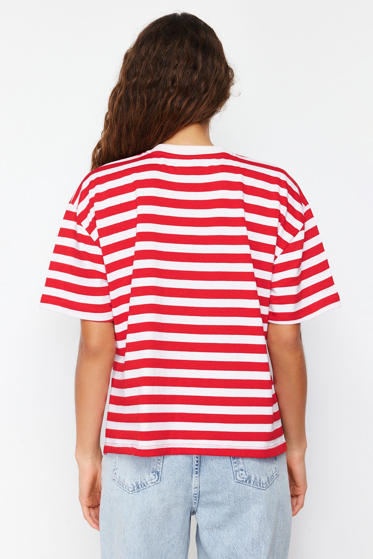 Trendyol Collection-Red Striped 100% Cotton Asymmetrical Loose/Relaxed Cut Knitted T-Shirt TWOSS24TS00058 7