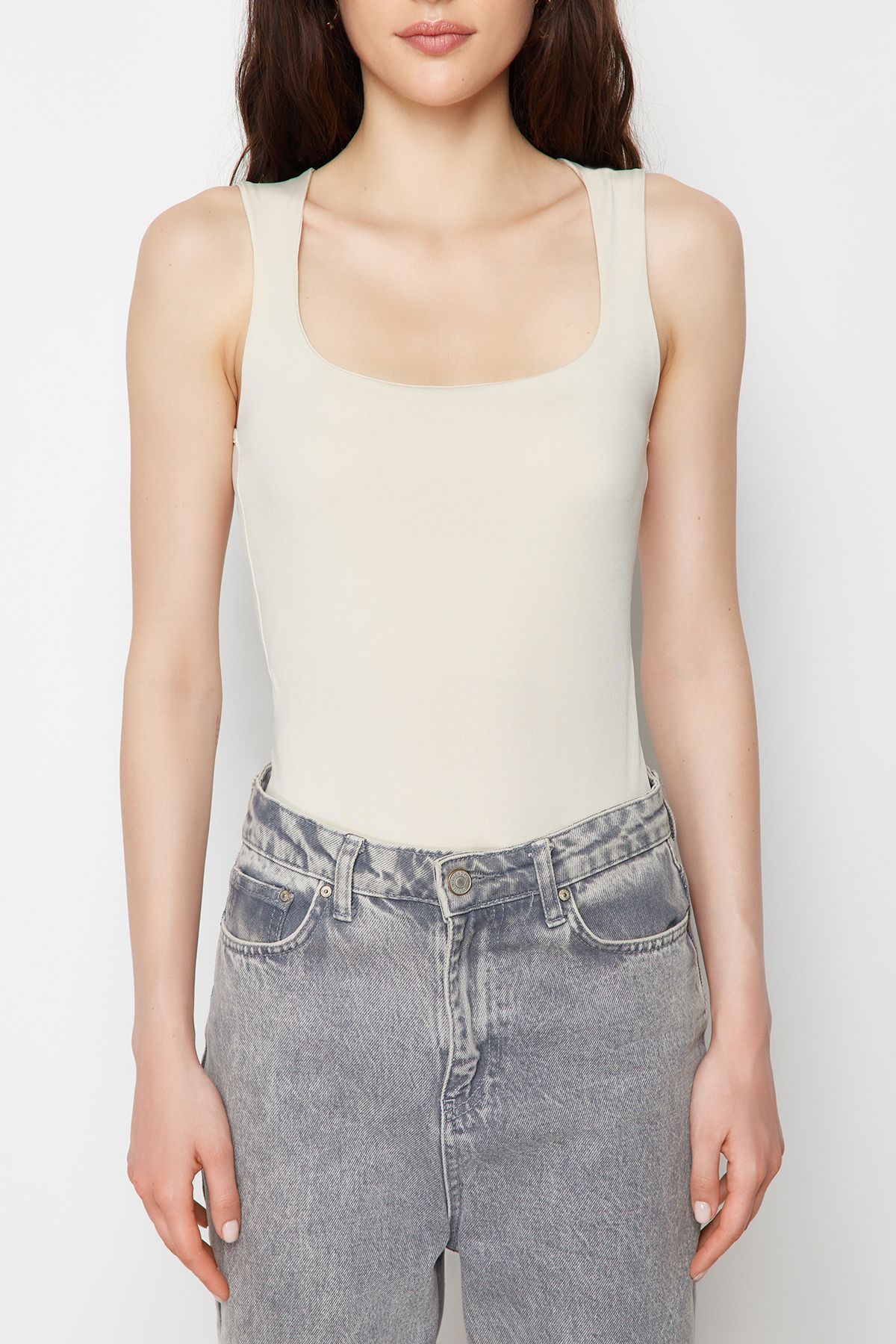 Trendyol Collection-Light Stone Fitted/Fitted Square Collar Flexible Knitted Body with Snap Fasteners TWOSS24BD00027 4
