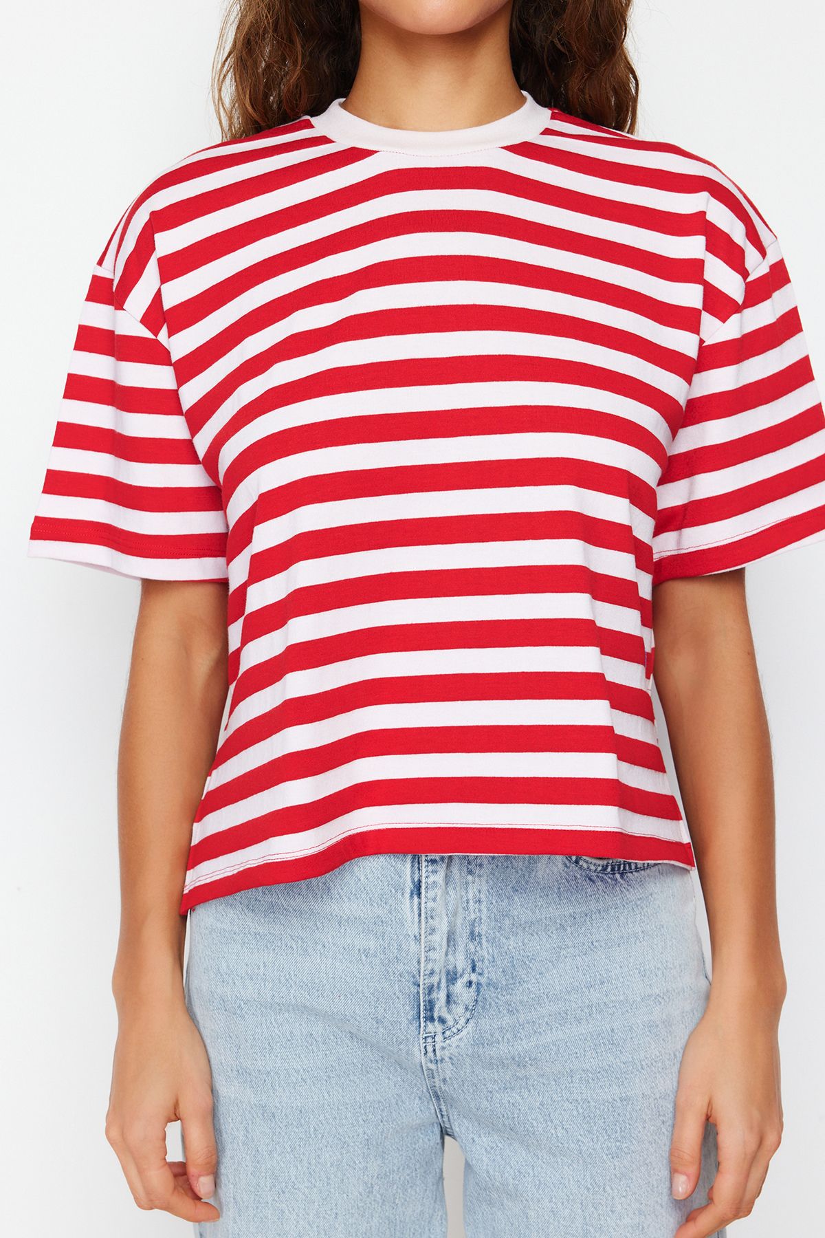 Trendyol Collection-Red Striped 100% Cotton Asymmetrical Loose/Relaxed Cut Knitted T-Shirt TWOSS24TS00058 5