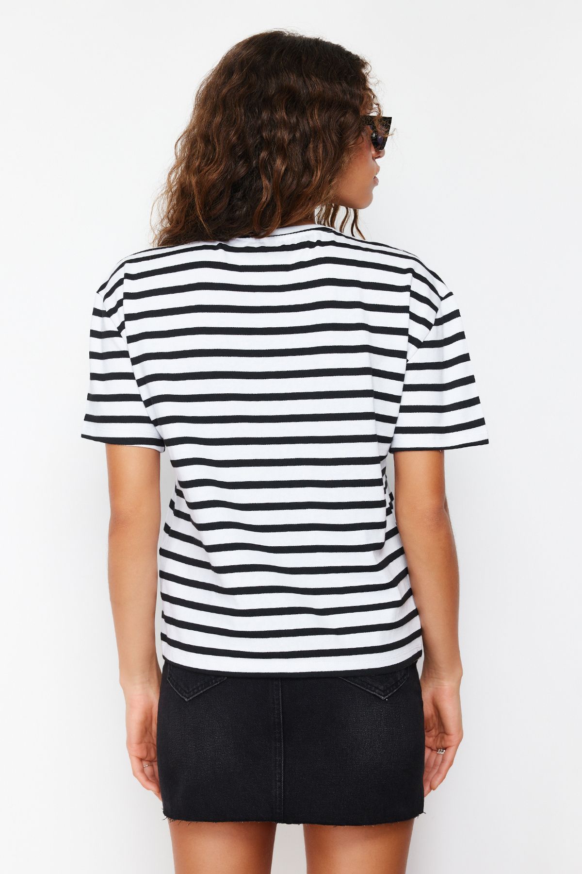 Trendyol Collection-Red Striped Slogan Embroidery Detailed Relaxed/Comfortable Cut Knitted T-Shirt TWOSS24TS00053 6