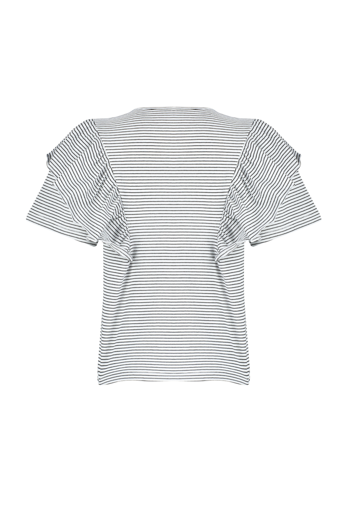 Trendyolmilla  Siyah Kalın Pamuklu Kolları Fırfırlı Regular Çizgili Bisiklet Yaka Örme T-Shirt TWOSS24TS00061 - Görsel 8