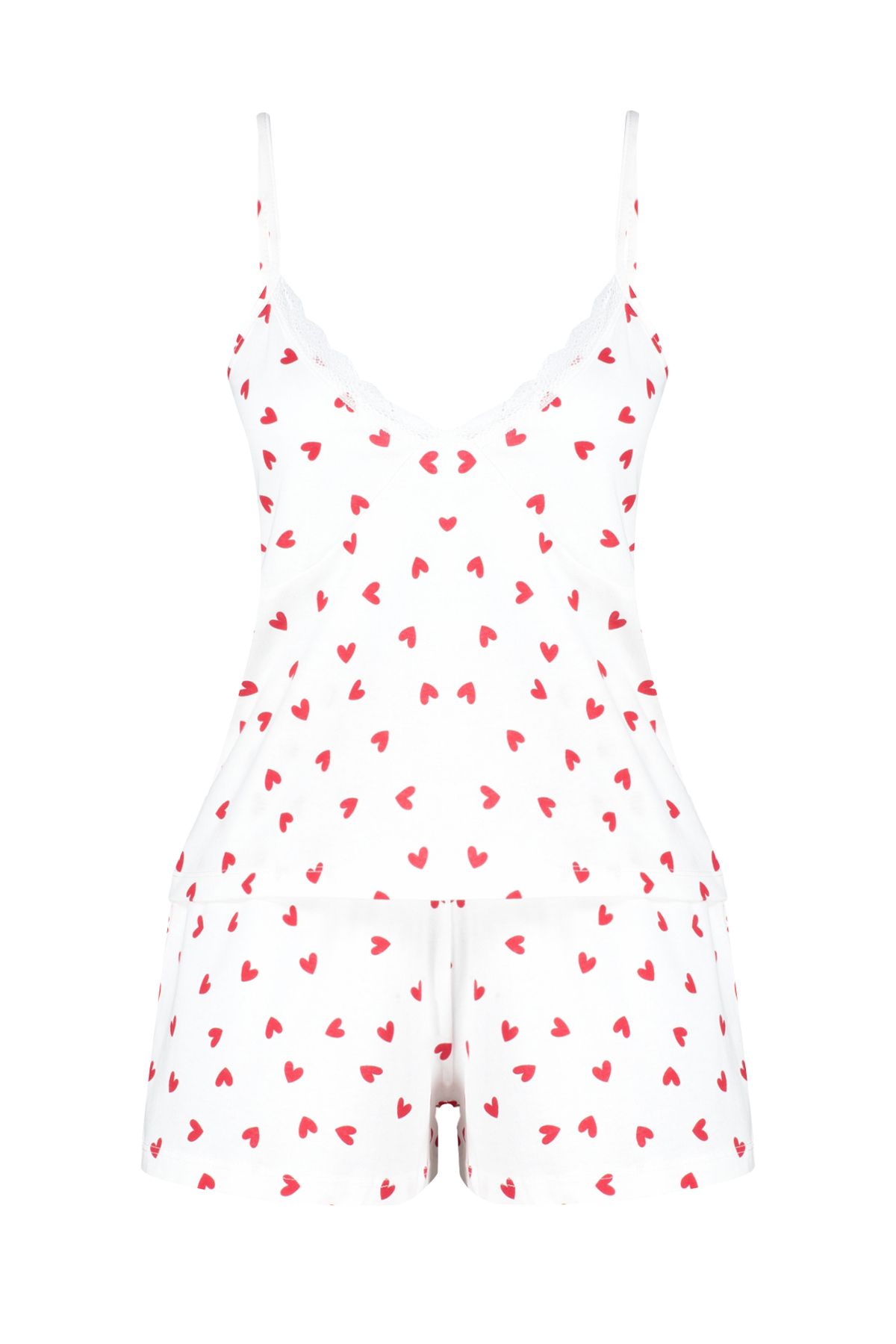 Trendyol Collection-White 100% Cotton Heart Lace String Straps Knitted Pajama Set with Shorts THMSS24PT00106 7