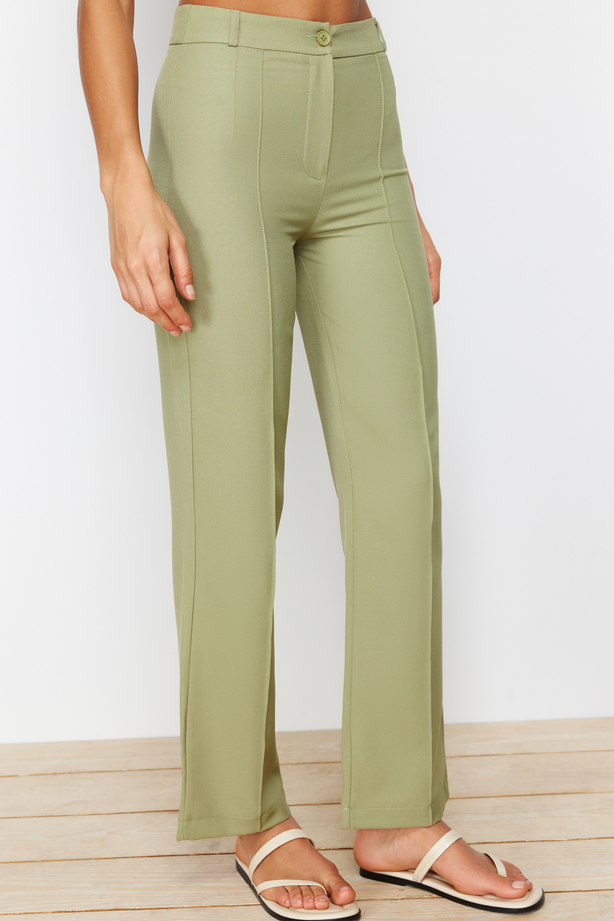 Trendyolmilla  Yeşil Straight/Düz Kesim Yüksek Bel Nervür Dikişli Dokuma Pantolon TWOSS21PL0093 - Görsel 6