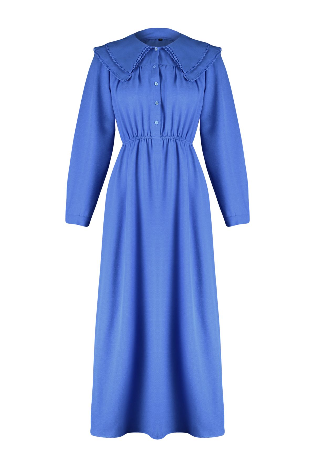 Trendyol Modest-Blaues, gewebtes Kleid in Leinenoptik mit Babykragen TCTSS24EB00061 7