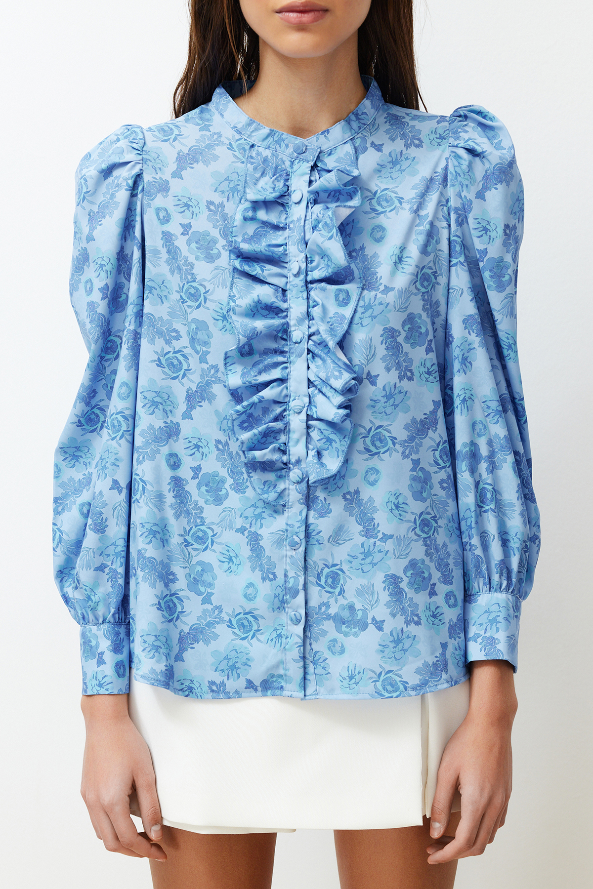  TRENDYOLM?LLA Mavi Dik Yaka F?rf?rl? ?ifon Ciçekli Dokuma G?mlek