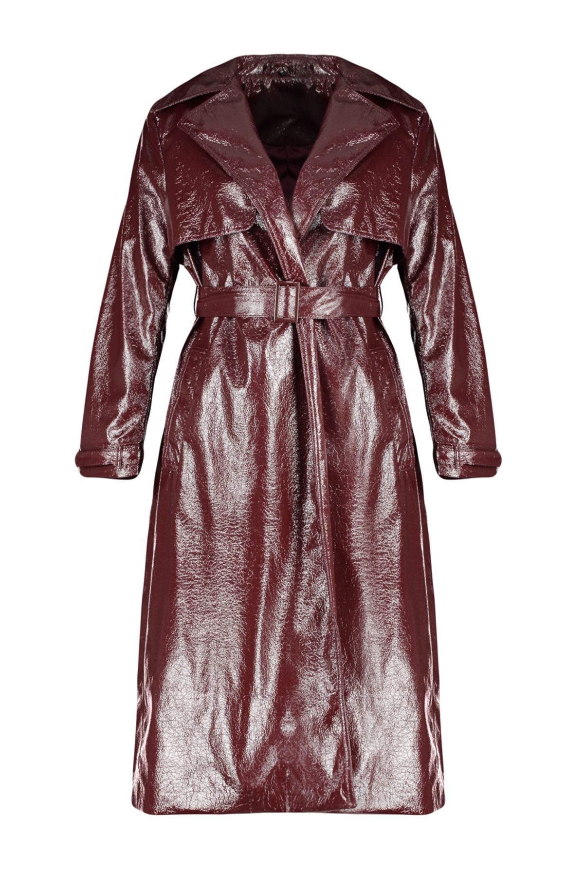 Trendyol Collection-Trench oversize roșu claret cu tăietură largă din piele lacuită TWOSS24TR00022 7