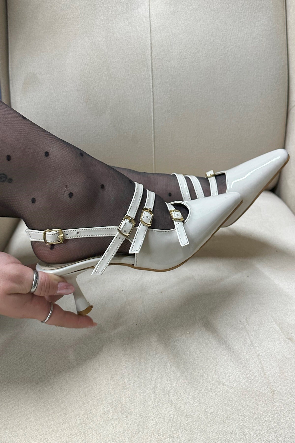 Casual Women's Cream Pointed Toe Adjustable Buckle Thin Heels Open Back Evening Shoes 901