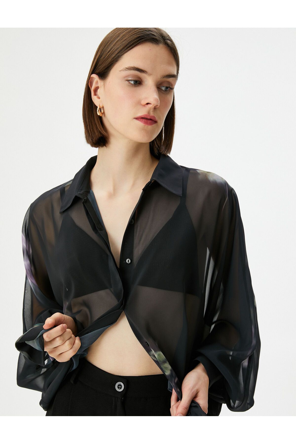Koton Transparent Shirt with Floral Buttons and Bat Sleeves - Trendyol