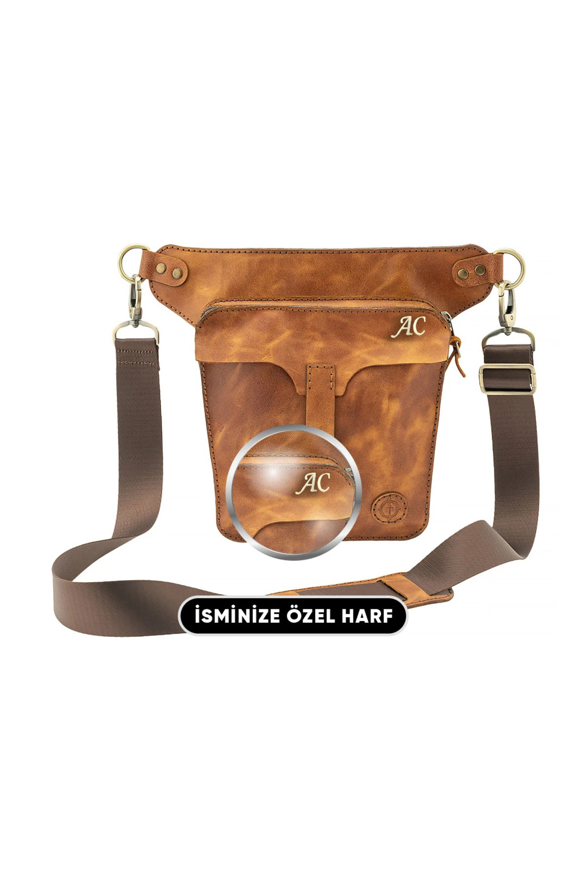 twingold Kişiye Özel %100 Deri Unisex  All in One Bel ve Bacak Çantası - Camel