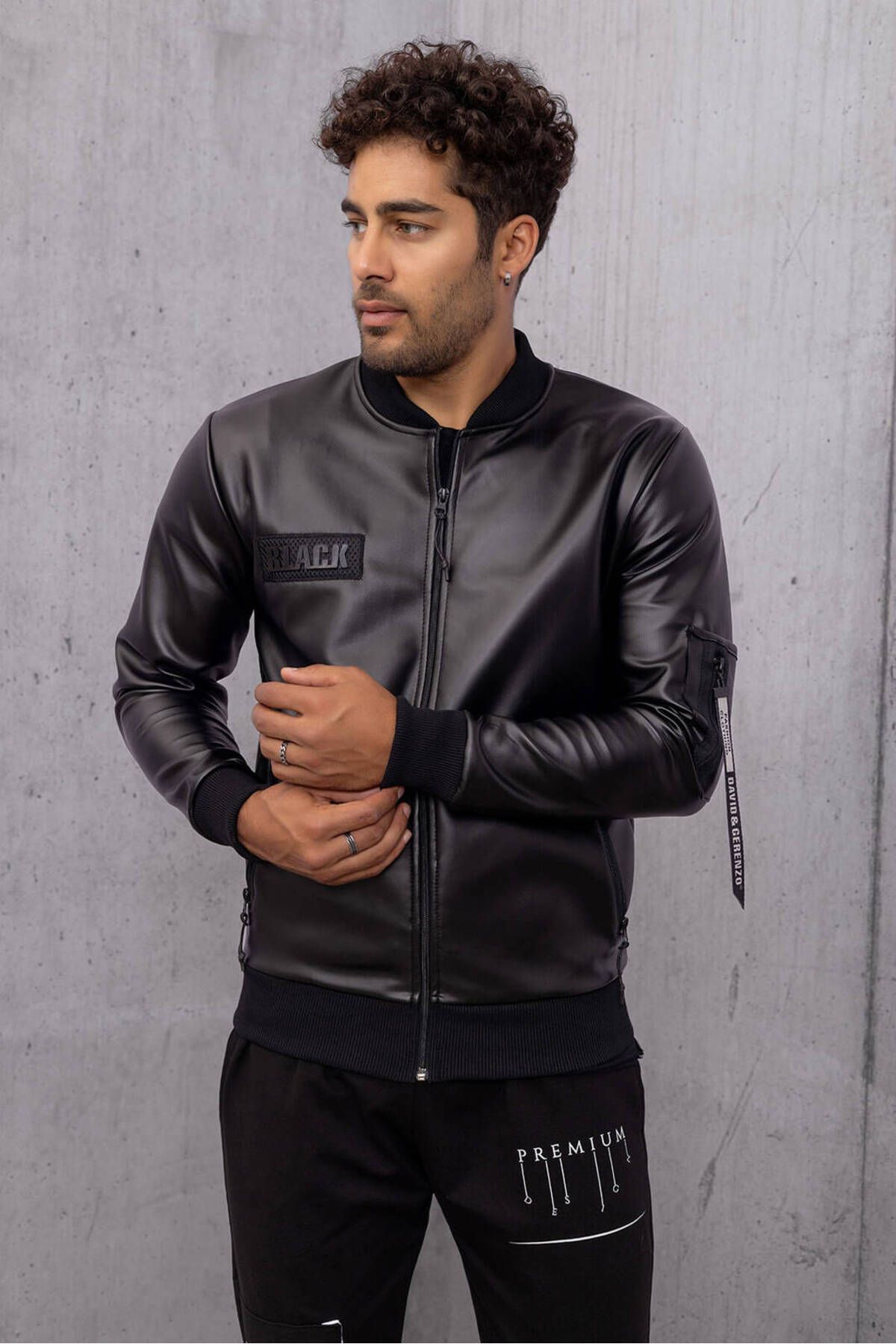 DAVID GERENZO Black Leather Look Stripe Detail Black Jacket