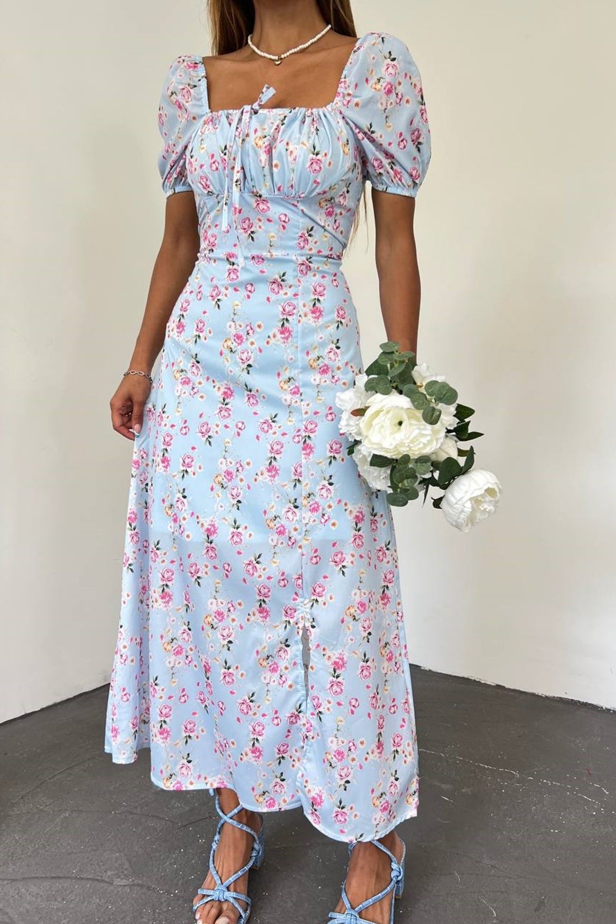 lovebox-Rochie de damă cu modele florale șiret cu guler cu mâneci pepene verde 5039 5